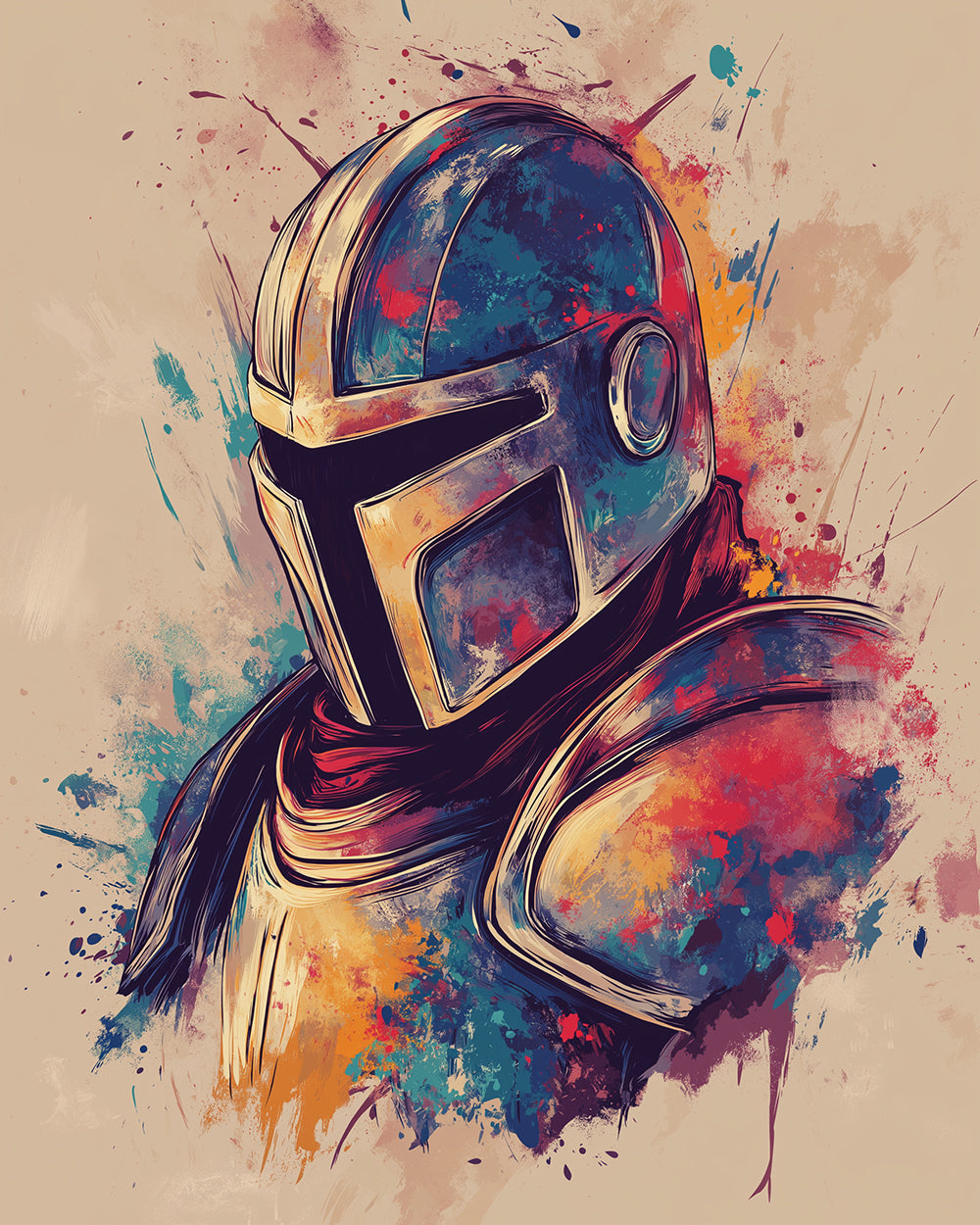 Colourful splatter knight's helmet cross stitch kit for beginners