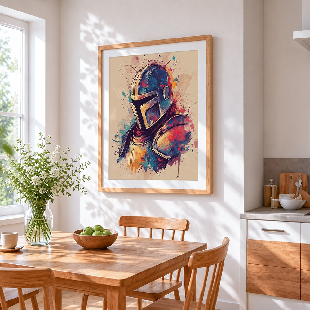 Colourful splatter knight's helmet cross stitch artwork displayed on wall as home decor