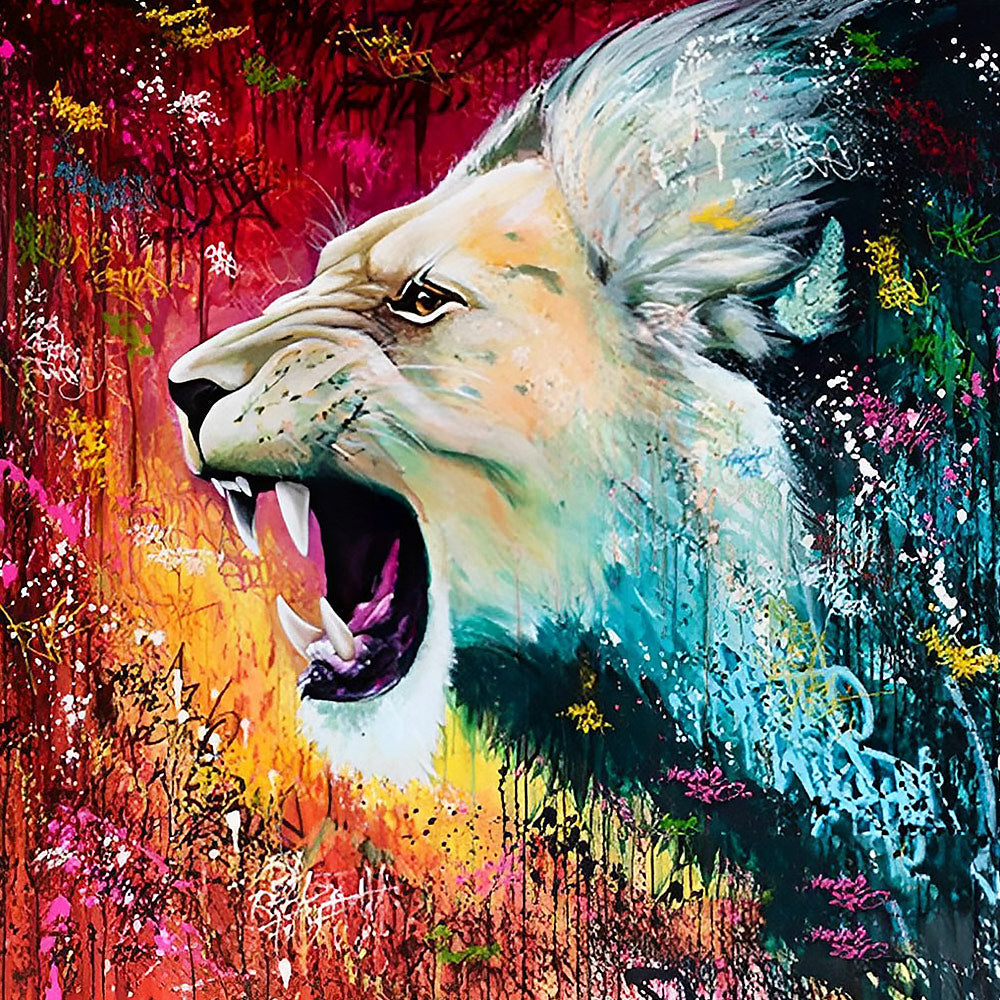 Colourful splatter roaring lion cross stitch kit for beginners