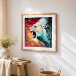 Colourful splatter roaring lion cross stitch artwork displayed on wall as home decor