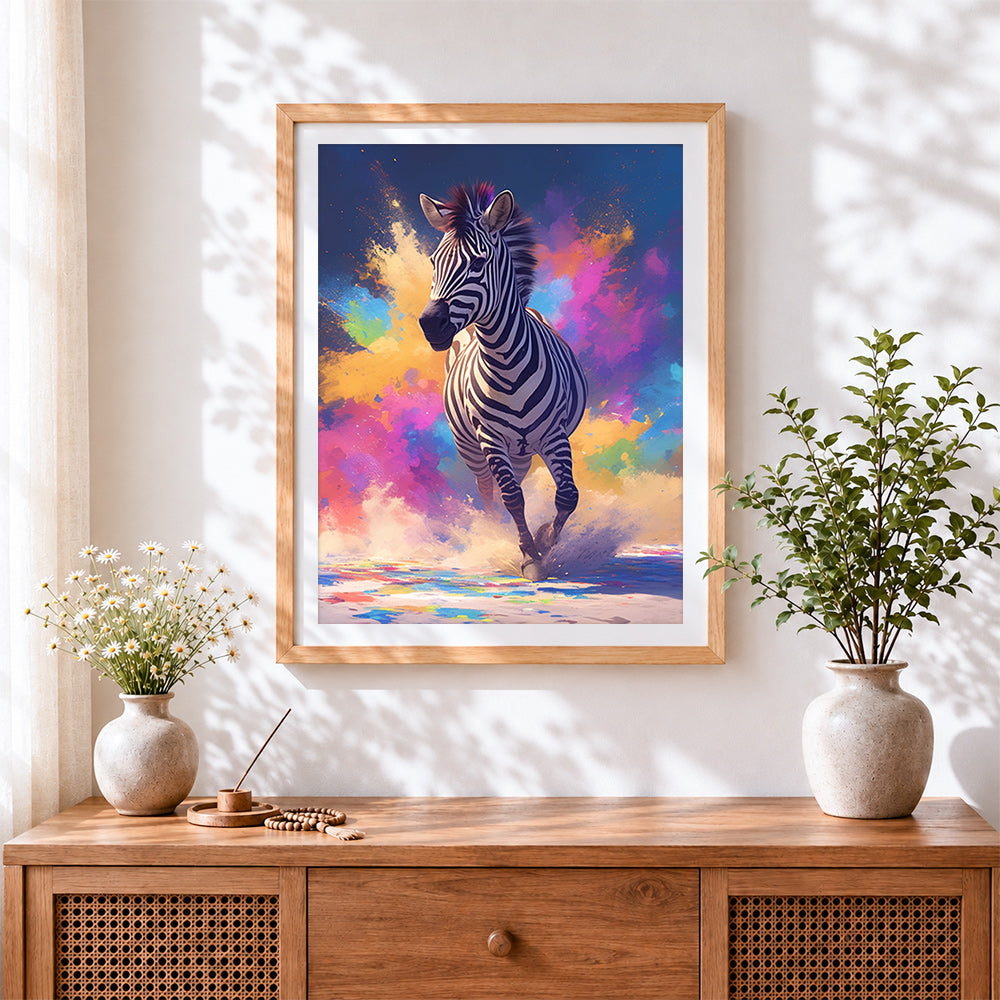 Finished colourful splatter running zebra cross stitch artwork displayed