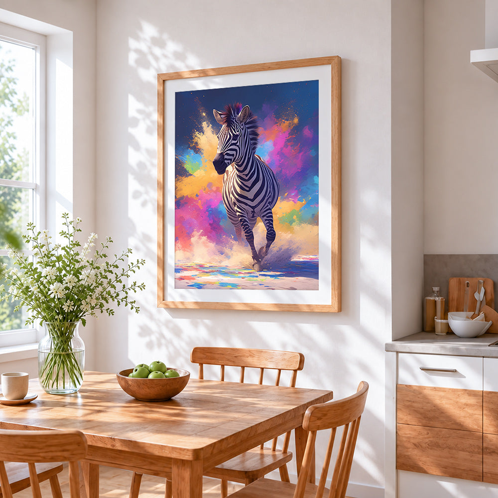 Colourful splatter running zebra cross stitch artwork displayed on wall as home decor
