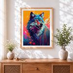 Finished colourful splatter wolf cross stitch artwork displayed
