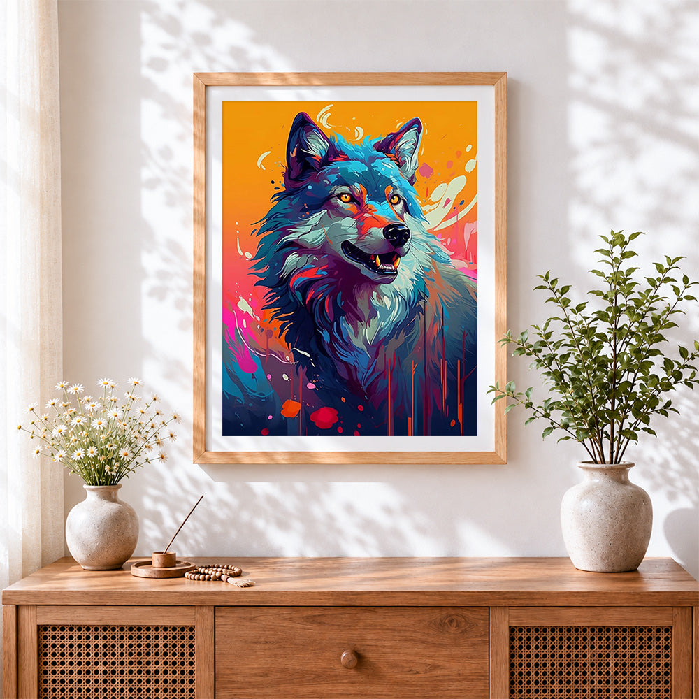 Finished colourful splatter wolf cross stitch artwork displayed