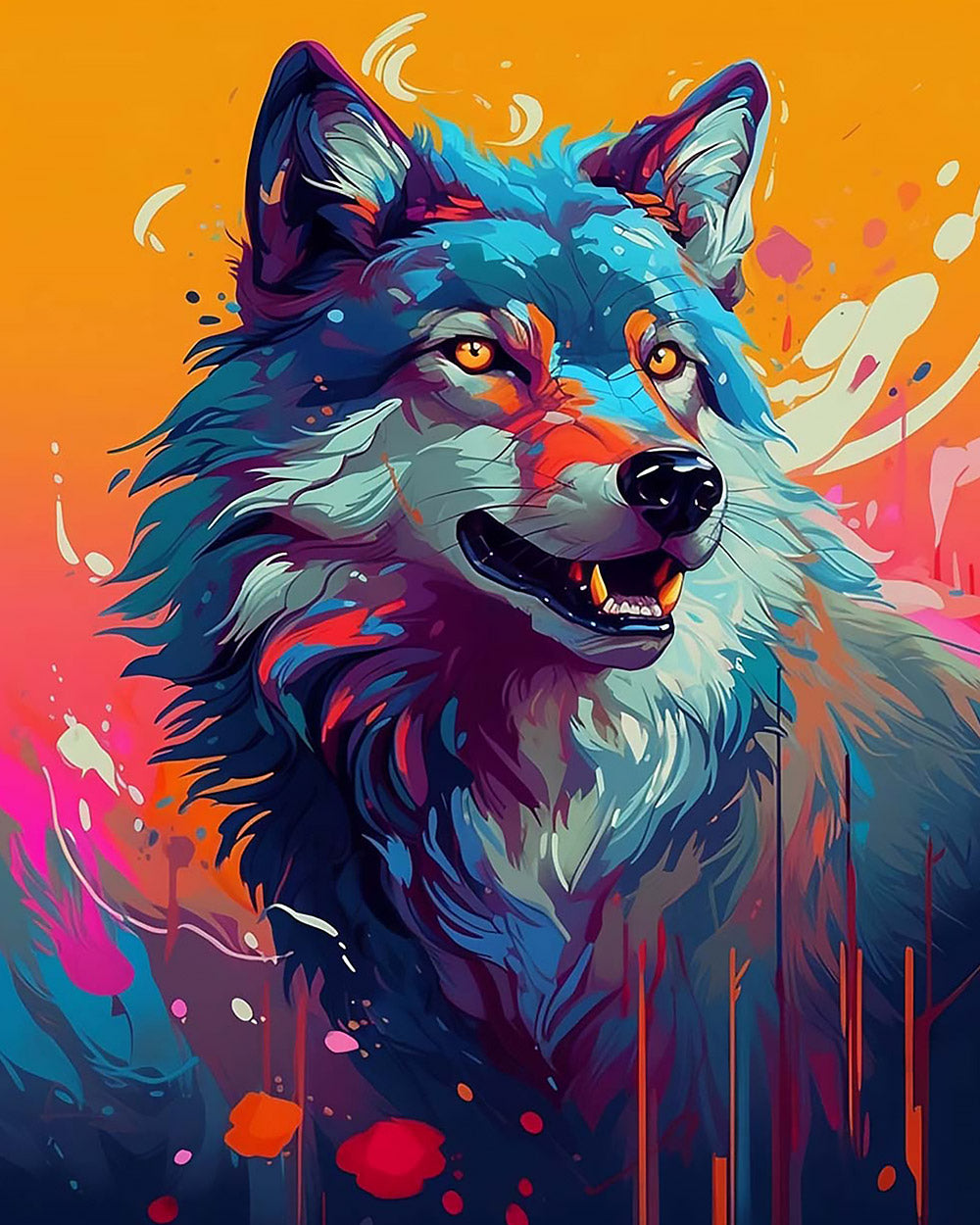 Colourful splatter wolf cross stitch kit for beginners