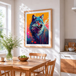 Colourful splatter wolf cross stitch artwork displayed on wall as home decor
