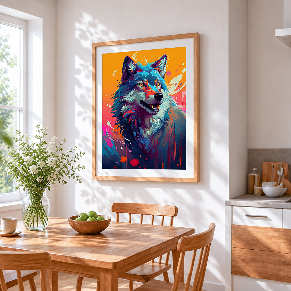 Colourful splatter wolf cross stitch artwork displayed on wall as home decor