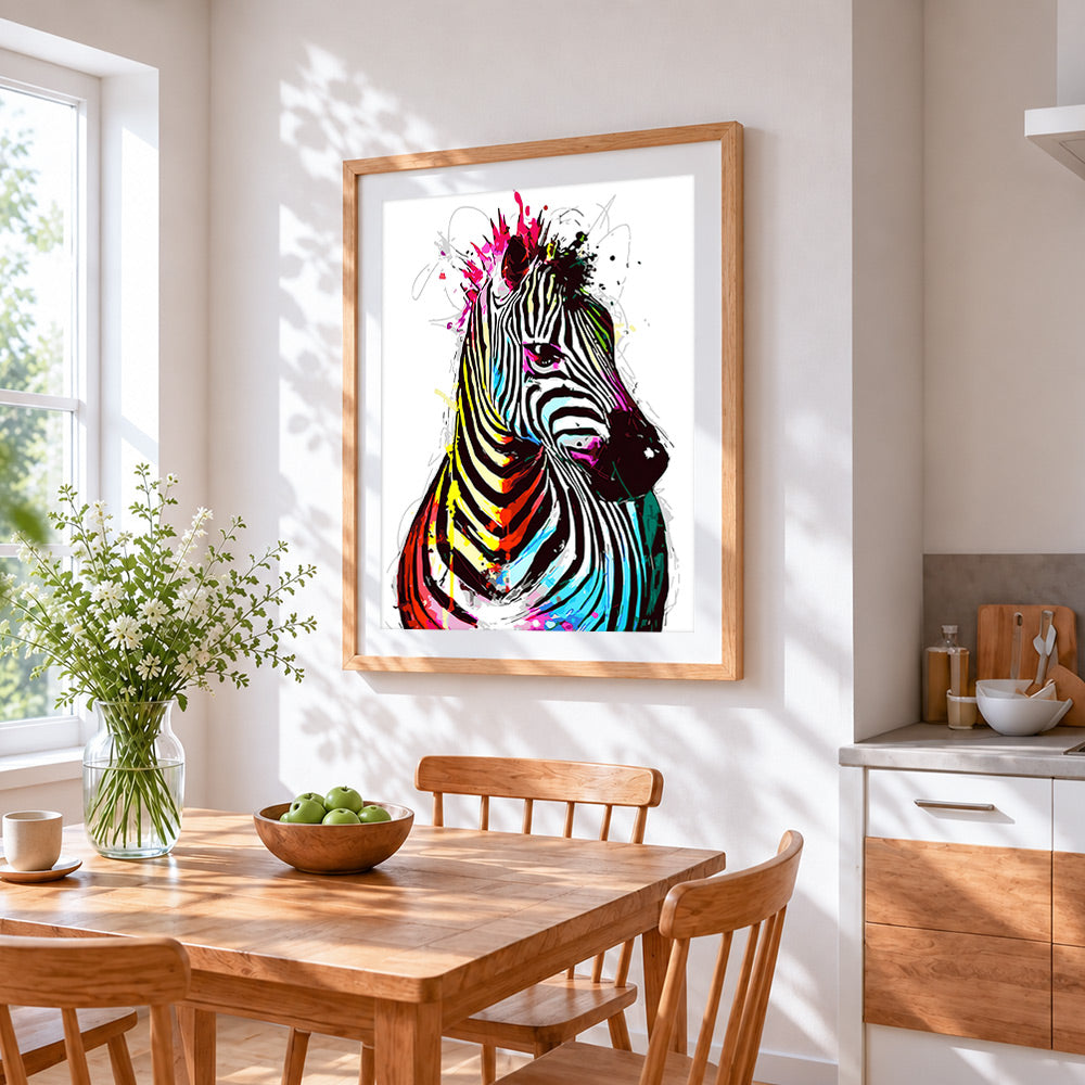 Colourful splatter zebra cross stitch artwork displayed on wall as home decor