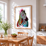 Colourful splatter zebra cross stitch artwork displayed on wall as home decor