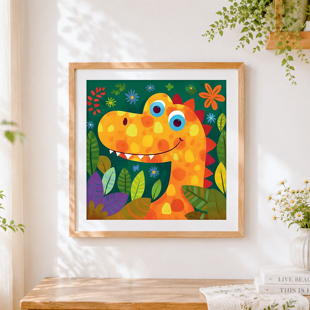 Finished colourful spotted dinosaur close-up cross stitch artwork displayed