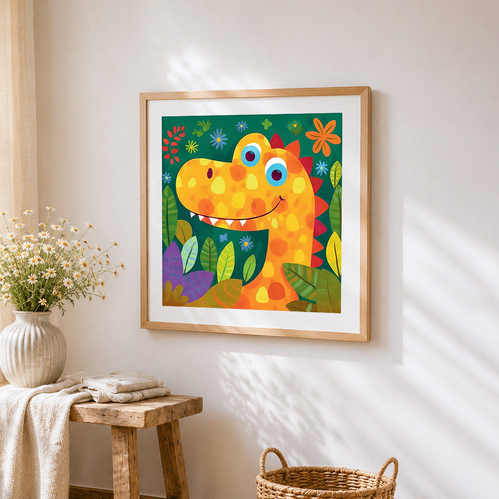 Colourful spotted dinosaur close-up cross stitch artwork displayed on wall as home decor