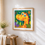 Colourful spotted dinosaur close-up cross stitch artwork displayed on wall as home decor