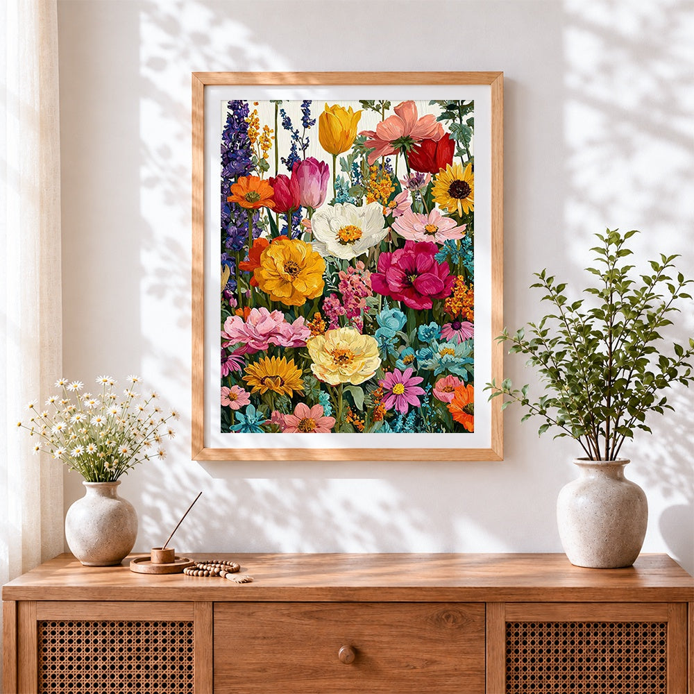 Finished colourful spring flowers cross stitch artwork displayed