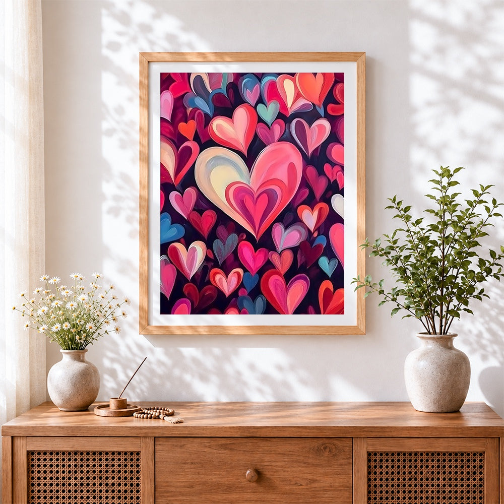Finished colourful stacked hearts cross stitch artwork displayed