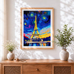 Finished colourful starry night eiffel tower cross stitch artwork displayed
