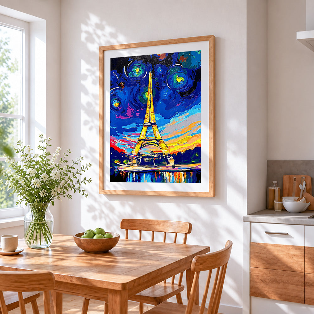 Colourful starry night eiffel tower cross stitch artwork displayed on wall as home decor