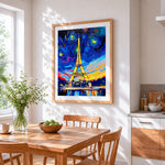 Colourful starry night eiffel tower cross stitch artwork displayed on wall as home decor