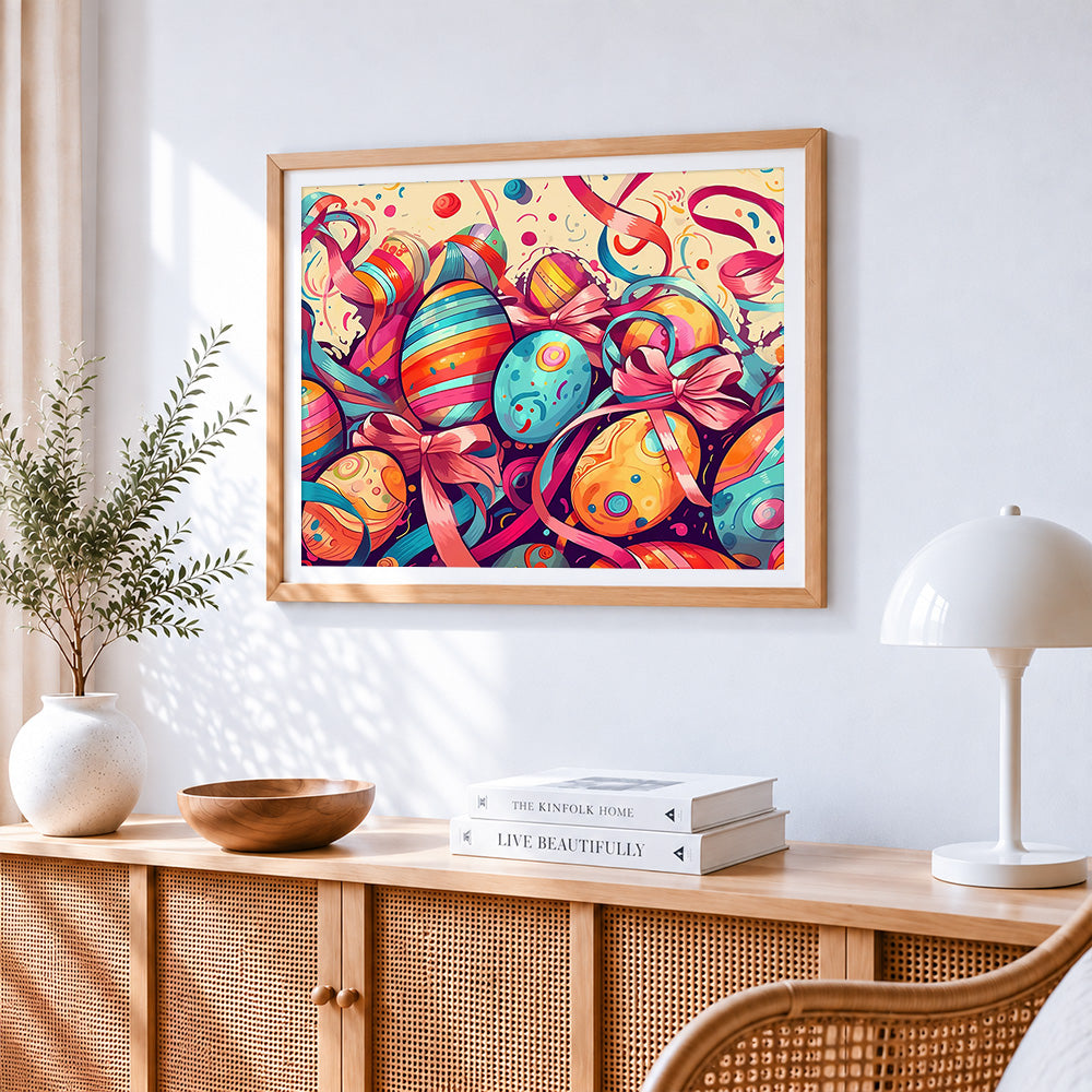 Colourful striped easter eggs and ribbons cross stitch artwork displayed on wall as home decor