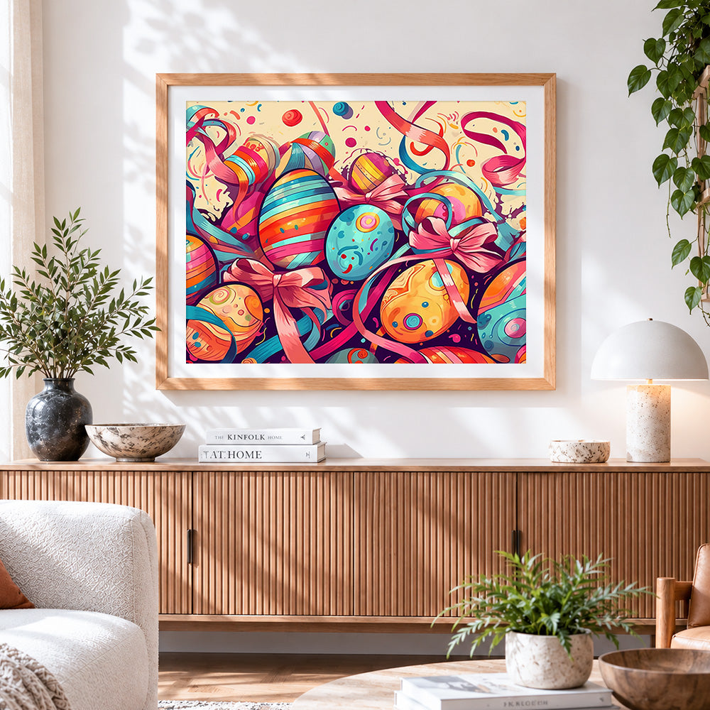 Finished colourful striped easter eggs and ribbons paint by numbers artwork displayed as home decor