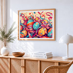 Colourful striped easter eggs and ribbons paint by numbers artwork displayed on wall as home decor