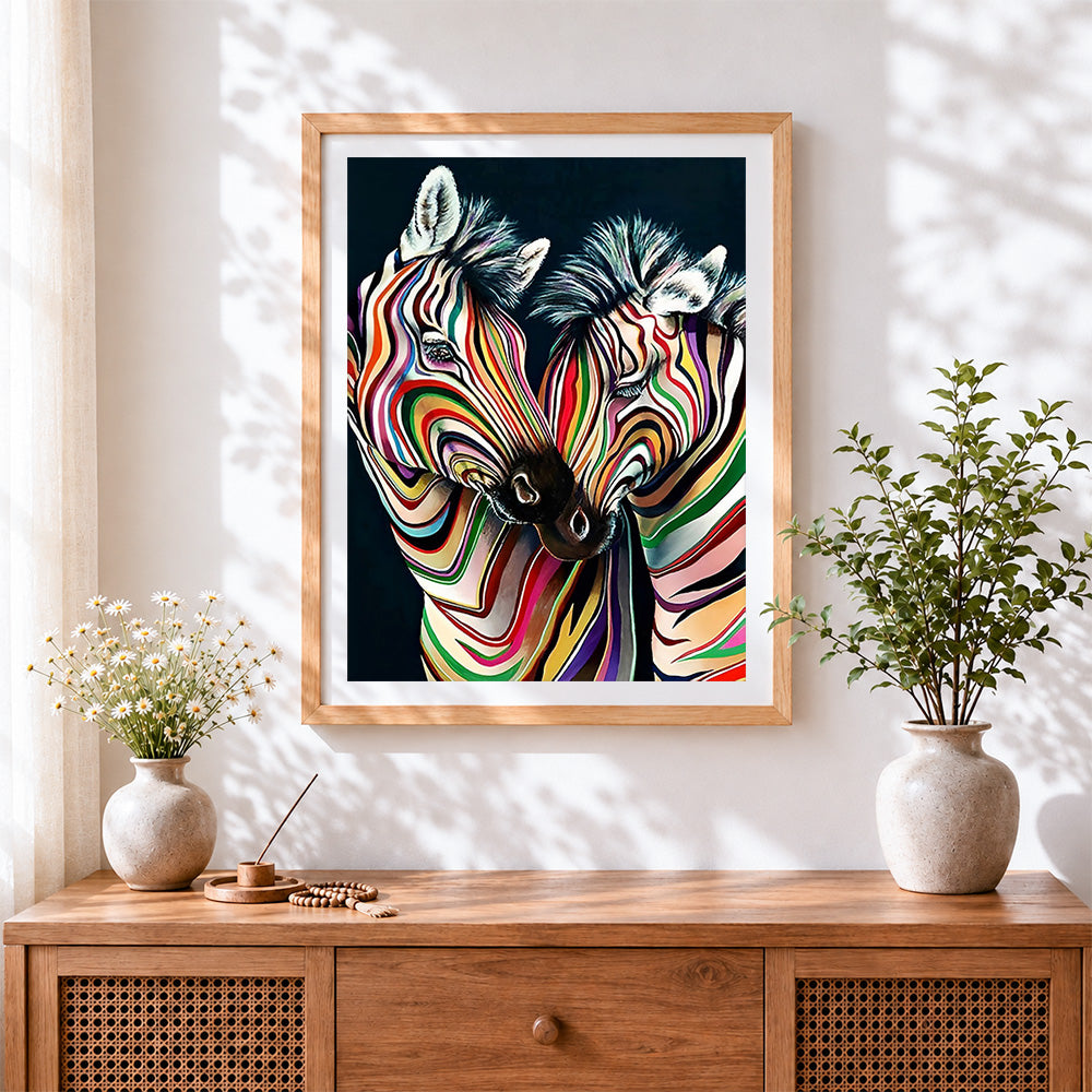 Finished colourful striped zebras paint by numbers artwork displayed as home decor