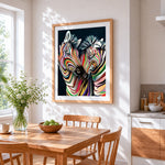 Colourful striped zebras paint by numbers artwork displayed on wall as home decor