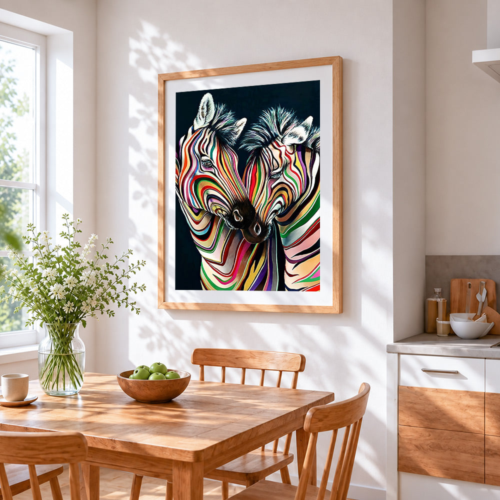 Colourful striped zebras paint by numbers artwork displayed on wall as home decor
