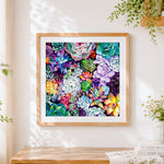 Finished colourful succulent plants pattern cross stitch artwork displayed