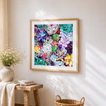 Colourful succulent plants pattern cross stitch artwork displayed on wall as home decor