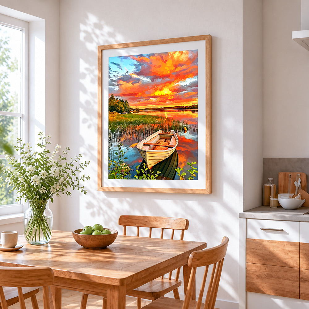 Colourful sunset boat cross stitch artwork displayed on wall as home decor