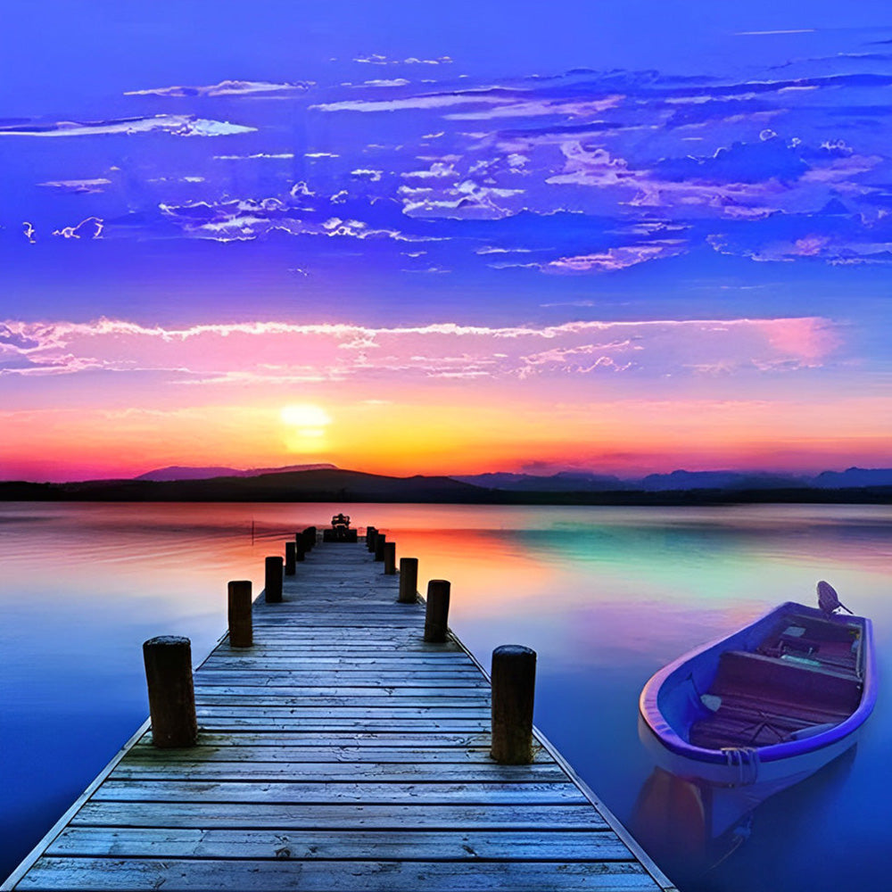 Colourful sunset pier with boat cross stitch kit for beginners