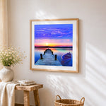 Colourful sunset pier with boat paint by numbers artwork displayed on wall as home decor