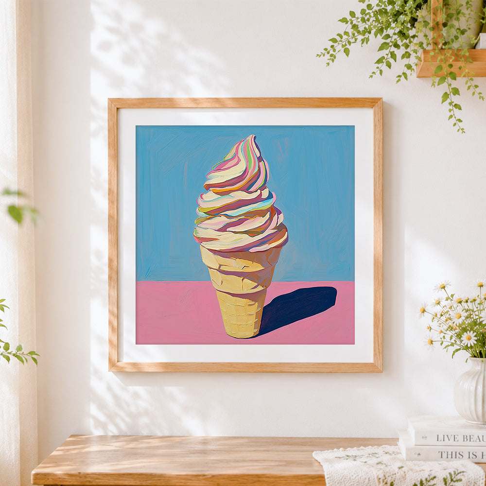 Finished colourful swirl ice cream cross stitch artwork displayed