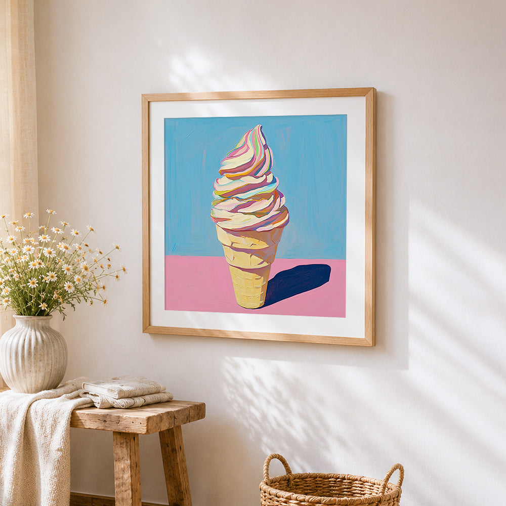 Colourful swirl ice cream cross stitch artwork displayed on wall as home decor