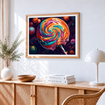 Colourful swirl lollipop cross stitch artwork displayed on wall as home decor
