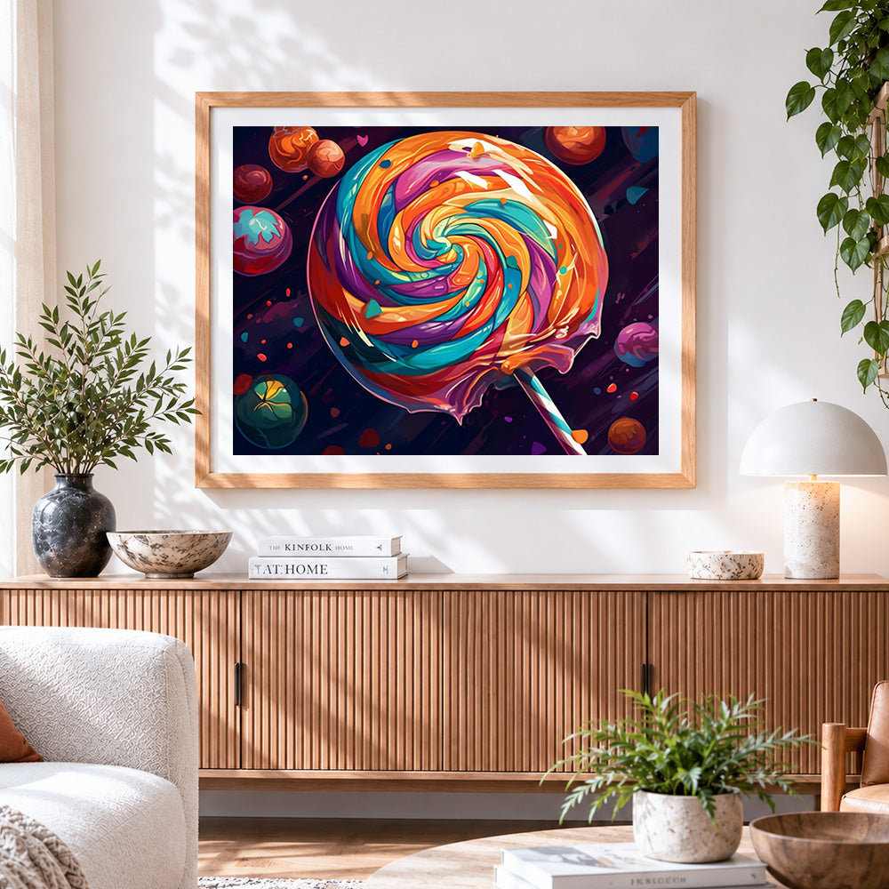 Finished colourful swirl lollipop paint by numbers artwork displayed as home decor