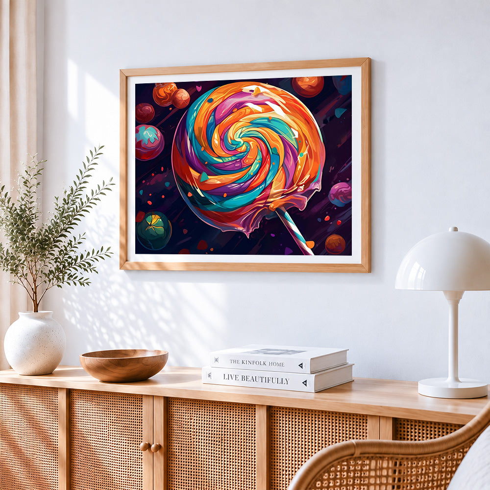 Colourful swirl lollipop paint by numbers artwork displayed on wall as home decor