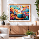 Finished colourful swirling coffee cup cross stitch artwork displayed