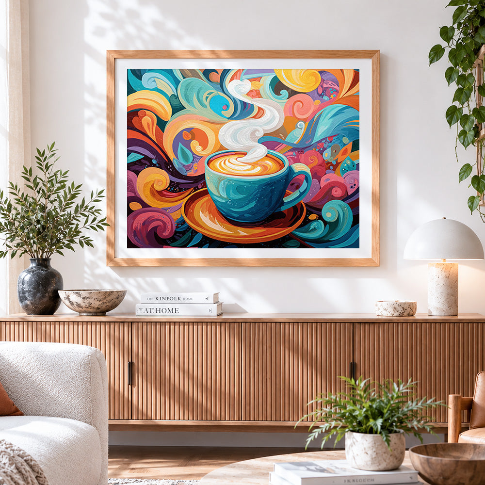 Finished colourful swirling coffee cup cross stitch artwork displayed