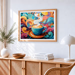 Colourful swirling coffee cup cross stitch artwork displayed on wall as home decor