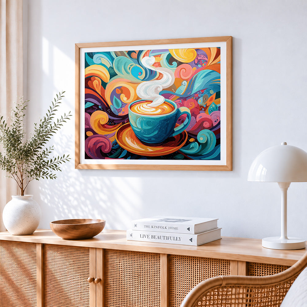 Colourful swirling coffee cup cross stitch artwork displayed on wall as home decor