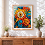 Finished colourful swirling flowers cross stitch artwork displayed