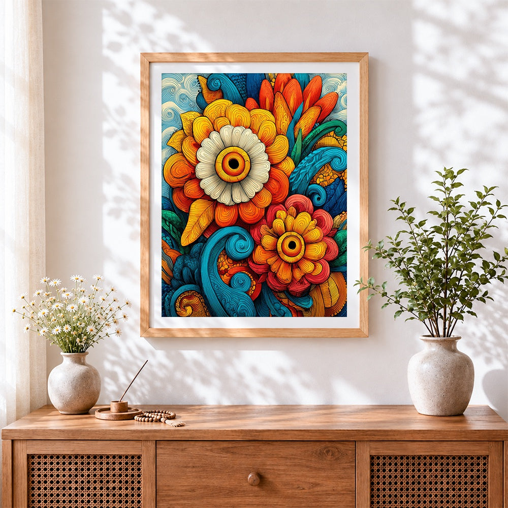 Finished colourful swirling flowers cross stitch artwork displayed