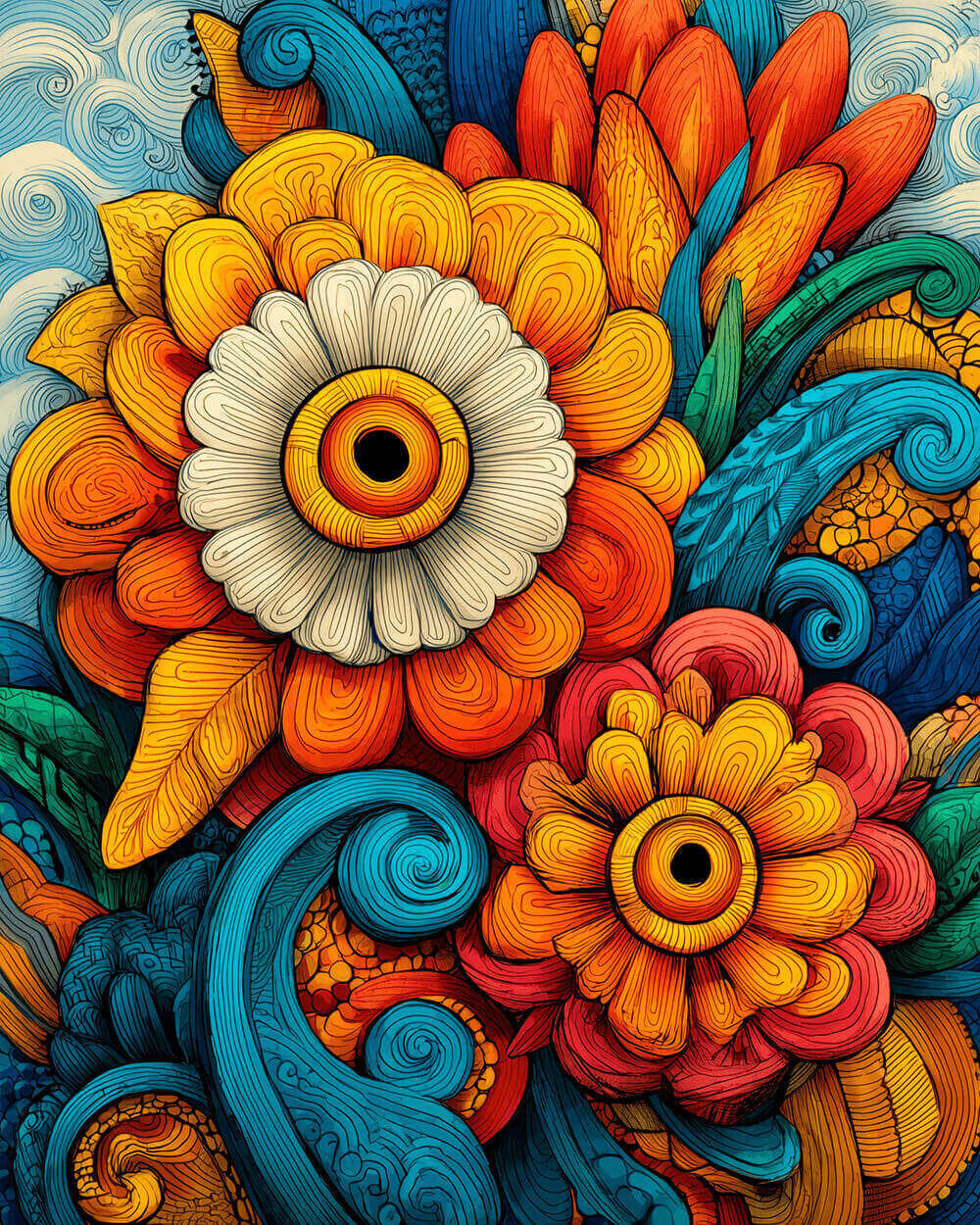 Colourful swirling flowers cross stitch kit for beginners