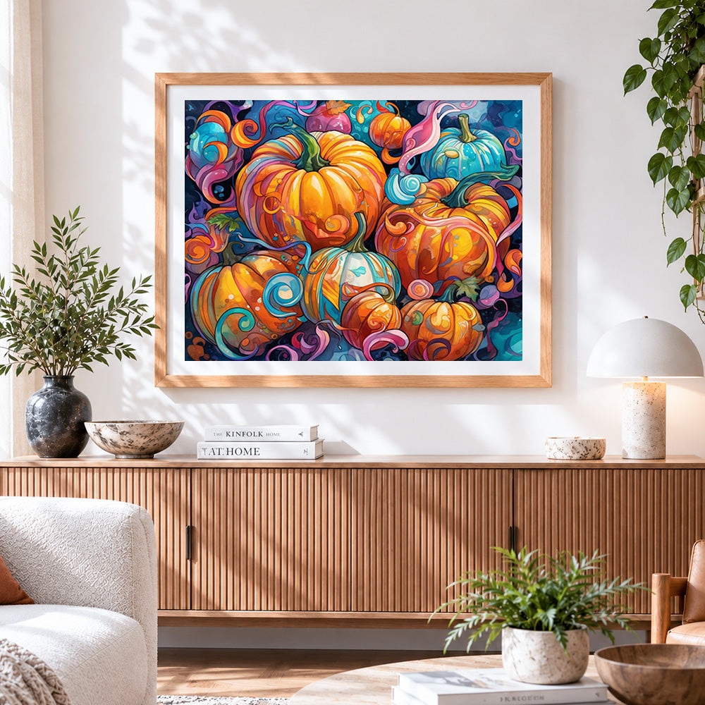 Finished colourful swirling pumpkins cross stitch artwork displayed