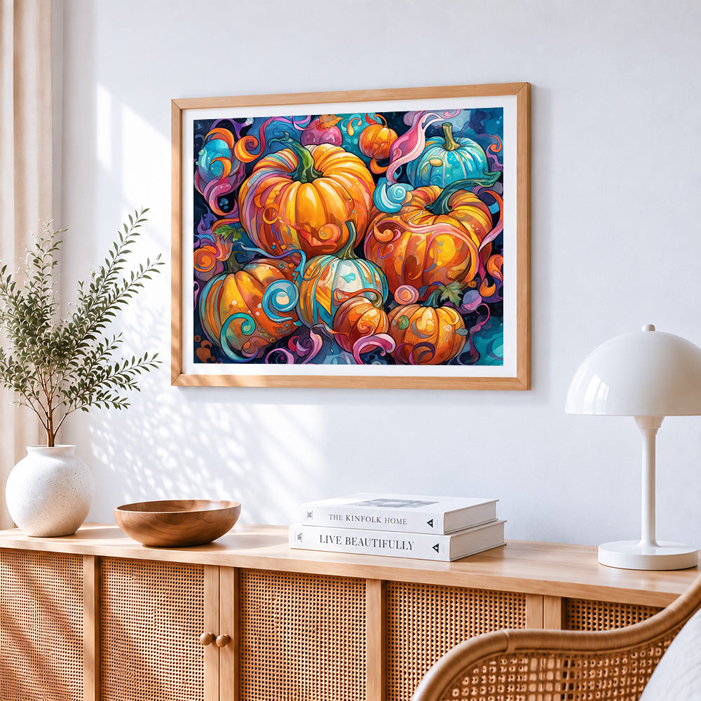 Colourful swirling pumpkins cross stitch artwork displayed on wall as home decor