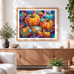 Finished colourful swirling pumpkins paint by numbers artwork displayed as home decor