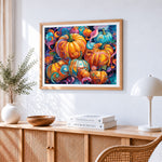 Colourful swirling pumpkins paint by numbers artwork displayed on wall as home decor