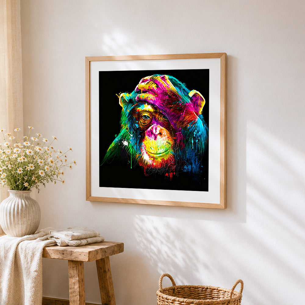 Colourful thinking chimpanzee cross stitch artwork displayed on wall as home decor