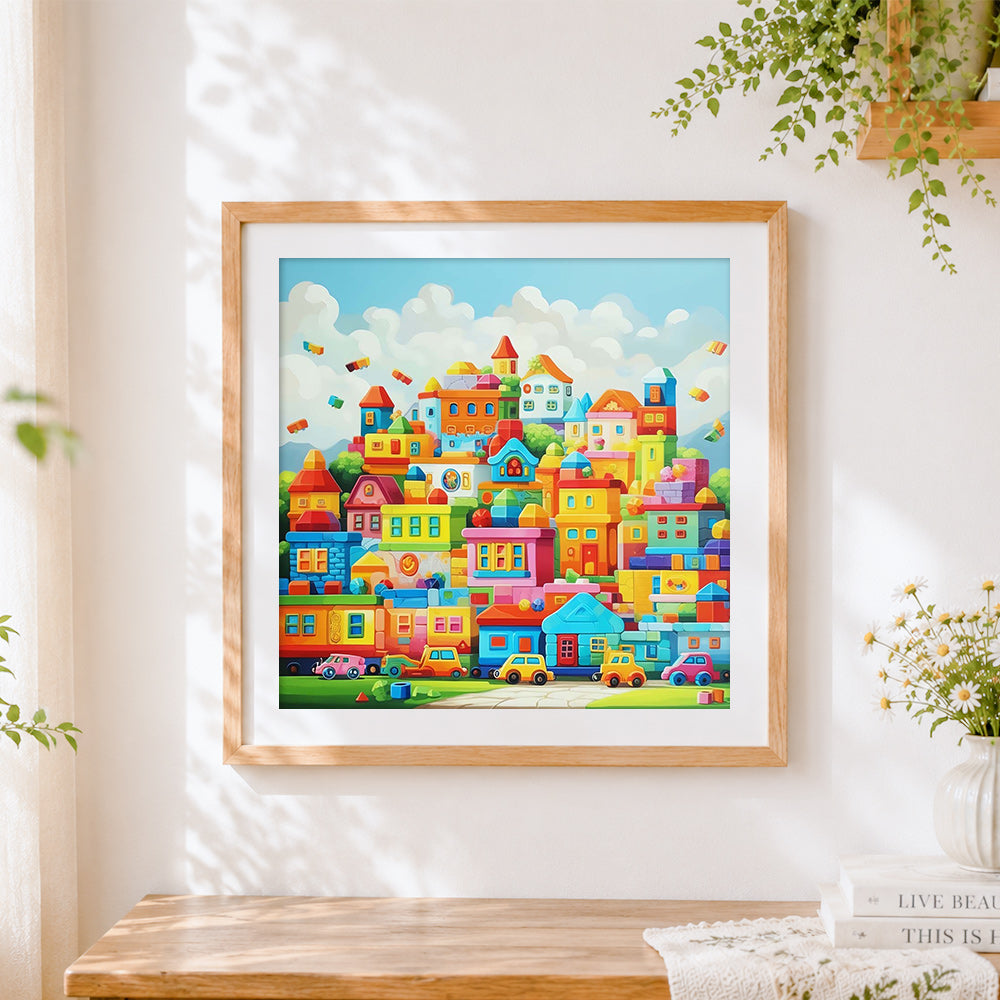 Finished colourful toy block city cross stitch artwork displayed
